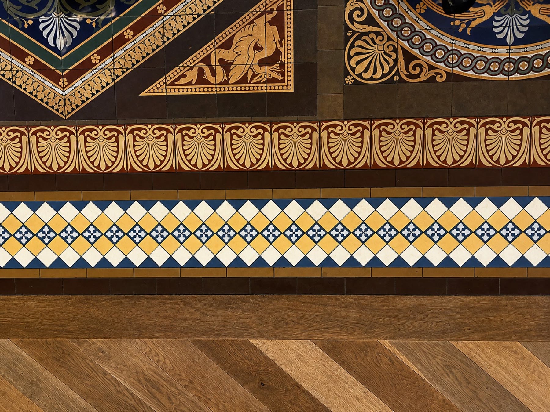 Close view of the detailed heritage mosaic floor border